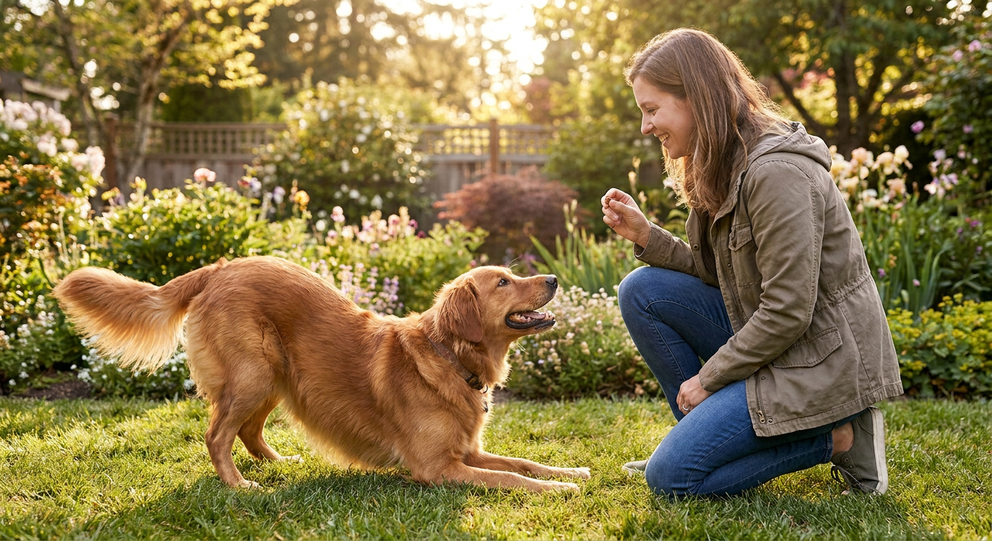 5 geniale Tricks, die jeder Hund lieben wird (mit Renate Hiltl) | Pfotenmahl Hund verbeugt sich vor einer lachenden Frau, die ein Leckerli in der Hand hält, in einem sonnigen Garten
