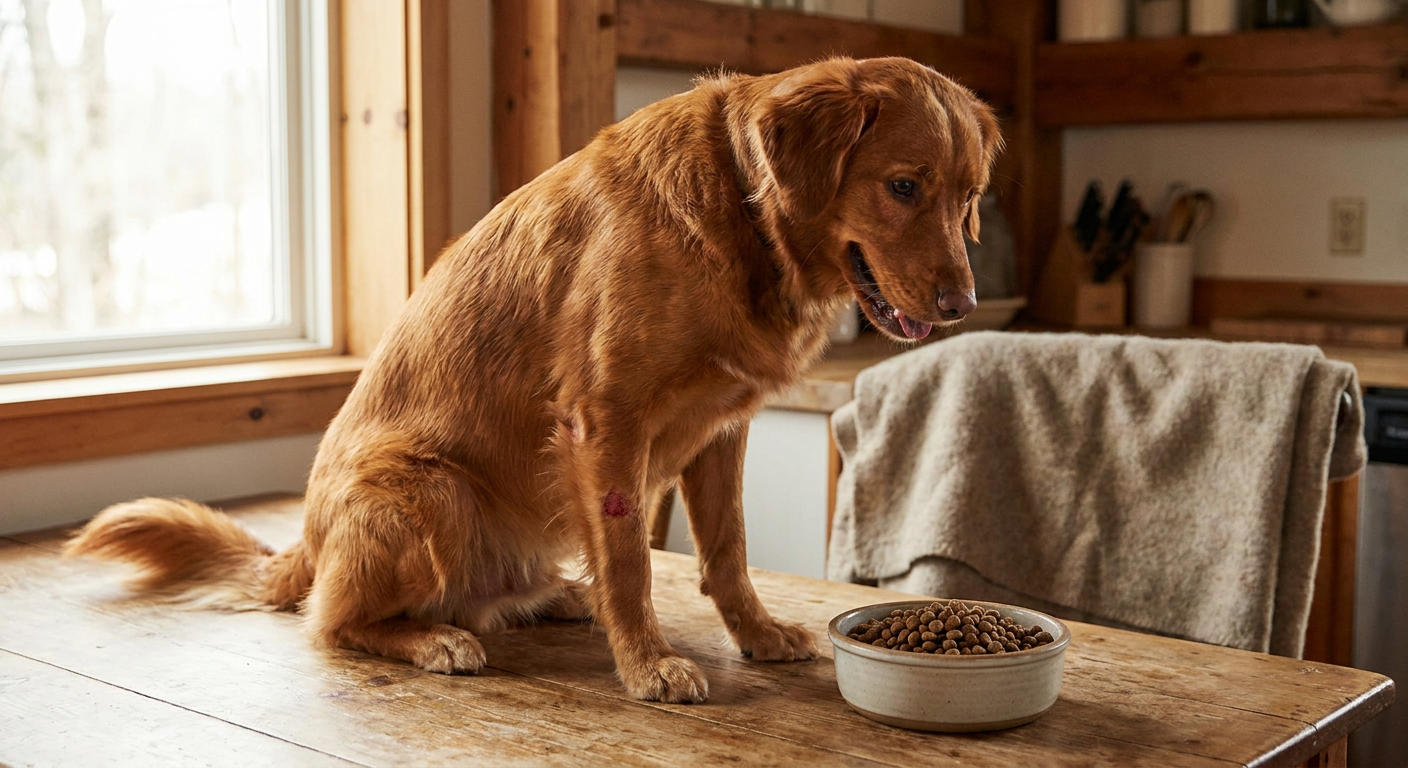 Hund hat Allergie? Symptome, Diagnose & was wirklich hilft | Pfotenmahl Roter Hund mit leicht geröteter Haut und aufmerksamen Blick, daneben eine Schale mit gesundem Hundefutter, Symbol für eine Allergiediät beim Hund.