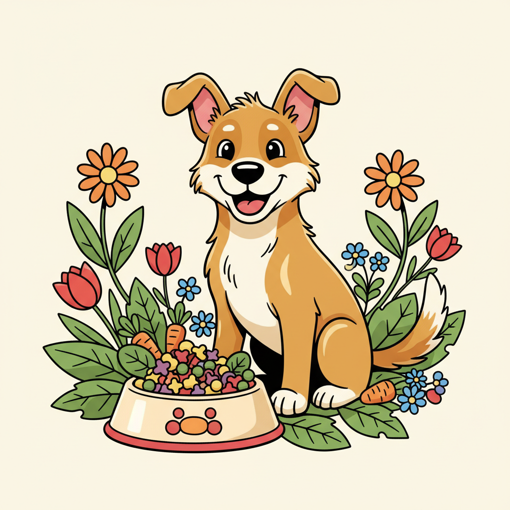 Allergien beim Hund: Symptome, Diagnose & Behandlung | Pfotenmahl Cartoon-Hund mit glänzendem Fell und einem glücklichen Gesicht, sitzt neben einem Napf mit ausgewogenem Futter, umgeben von Blättern und Blumen.