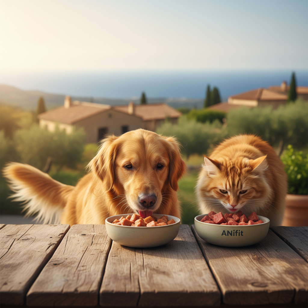 ANIfit Mallorca: Gesundes Futter für Hund & Katze entdecken | Pfotenmahl Glücklicher, gesunder Hund und Katze essen ANIfit Futter aus Näpfen auf rustikalem Holztisch auf Mallorca