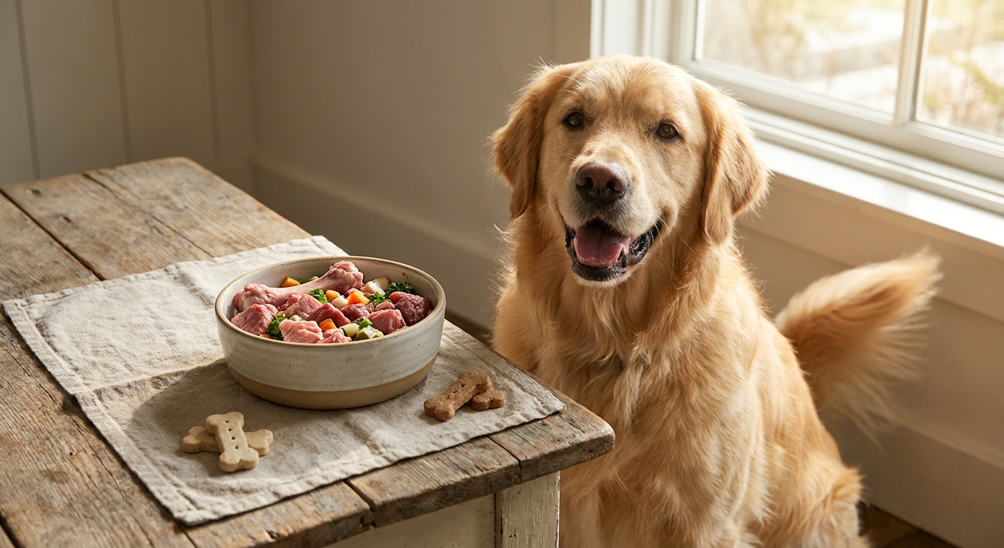 Ausschlussdiät beim Hund: So finden Sie Allergieauslöser | Pfotenmahl Glücklicher, gesunder Hund, der aus einer Schüssel mit frischem hypoallergenem Futter auf einem rustikalen Holztisch frisst, sanftes natürliches Licht