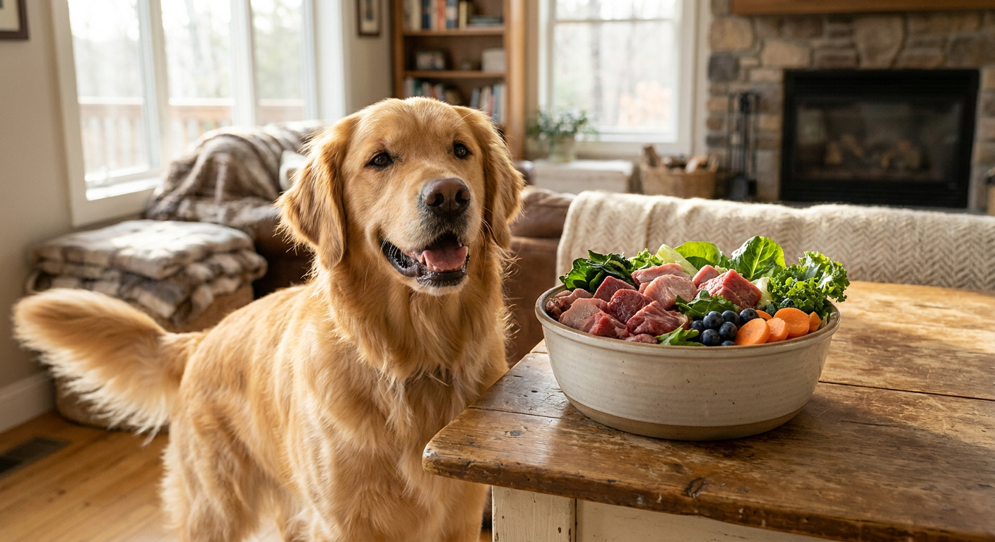 BARF Einstieg Hund: Gesund und frisch | Pfotenmahl Eine glückliche Familie mit einem gesunden Hund beim BARF Einstieg. Junge Hündin sitzt vor einer Schüssel mit frischem BARF-Futter, Gemüse und Fleisch sind deutlich erkennbar. Im Hintergrund lächeln die strahlenden Hundeeltern.