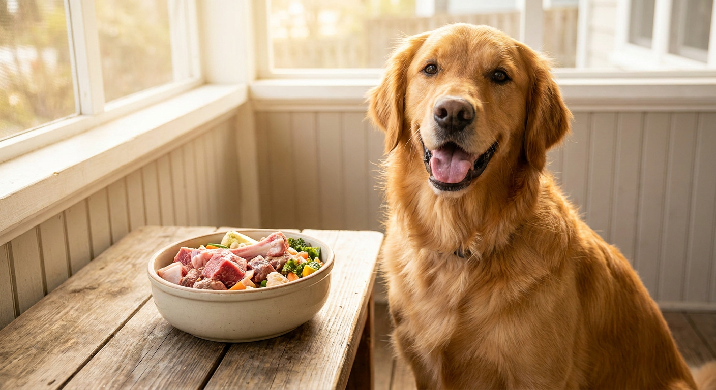Barfen: Fleisch allein genügt nicht – das ist wichtig! | Pfotenmahl Ein gesunder Hund sitzt vor einer Schale mit frisch zubereitetem Barf-Futter. Das Futter enthält Fleisch, Gemüse und Knochen in ausgewogener Mischung.