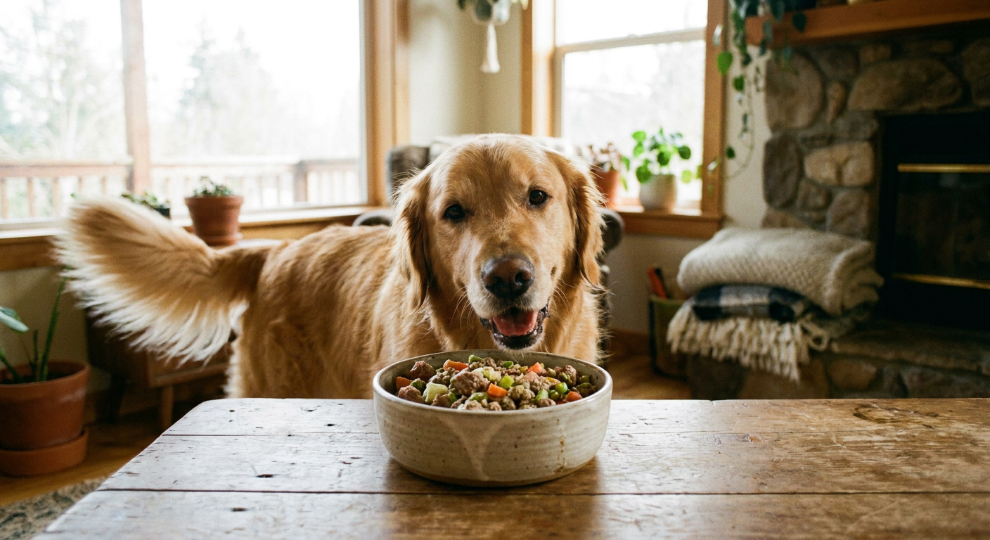 Das besondere Hundefutter: Gesund & glücklich durch individuelles Pfotenmahl | Pfotenmahl Glücklicher, gesunder Hund frisst hochwertiges, frisches Futter aus Napf auf rustikalem Holztisch in weichem, natürlichen Licht
