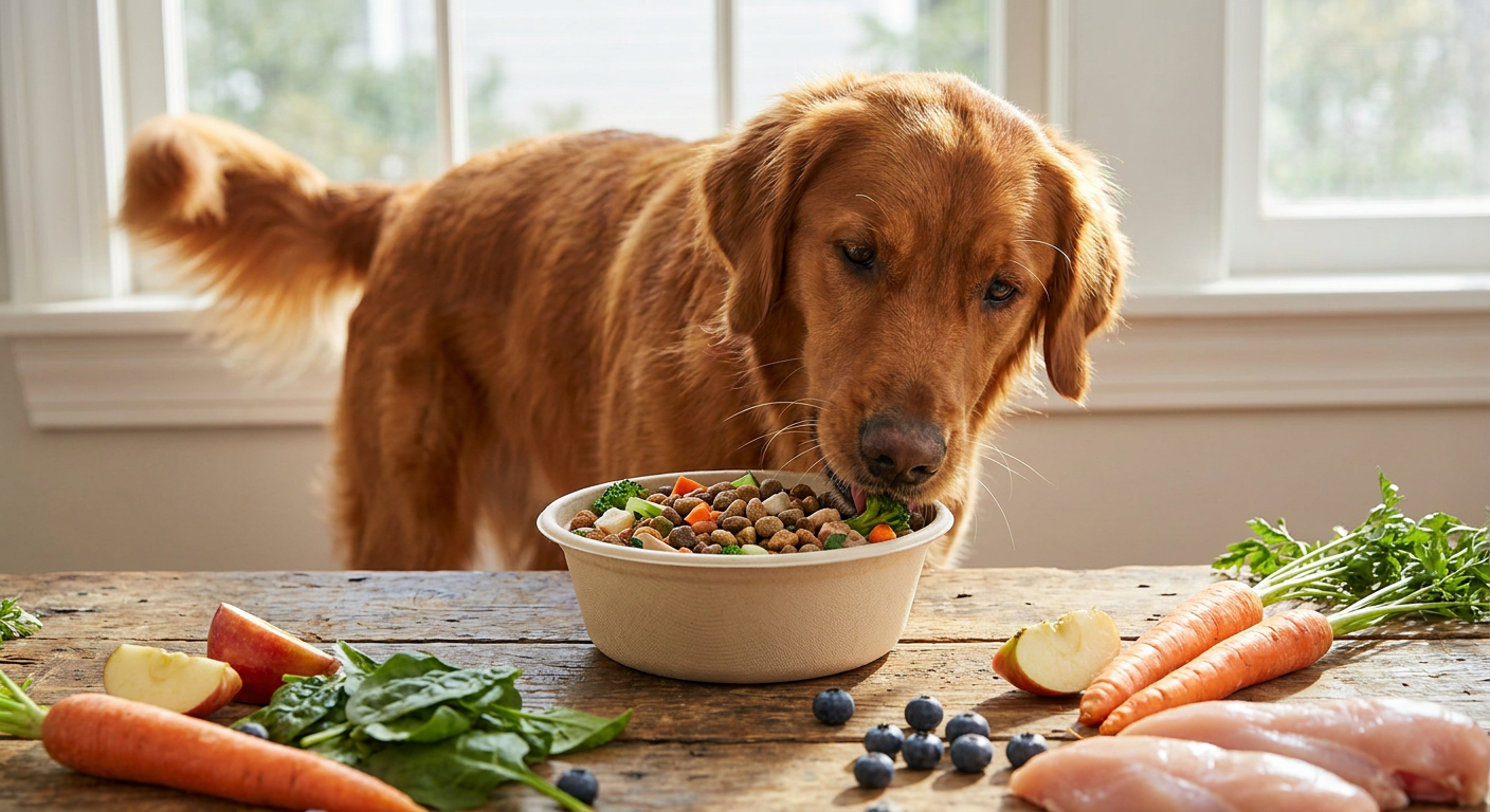 Glücklicher, gesunder Hund frisst genüsslich aus einem Bio-Futternapf auf einem Holztisch, umgeben von frischen, bunten Bio-Zutaten wie Gemüse und Fleischstücken, weiches, natürliches Licht, fotorealistisch.