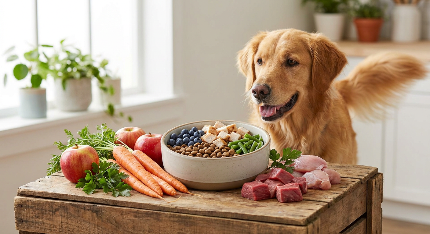 Bio Hundefutter online kaufen: Der beste Weg für Deinen Liebling | Pfotenmahl Glücklicher, gesunder Hund vor einer Futterschale mit Bio Hundefutter, umgeben von frischen Zutaten wie Karotten, Äpfeln und Fleisch auf einem rustikalen Holztisch, im Hintergrund sanftes, natürliches Licht
