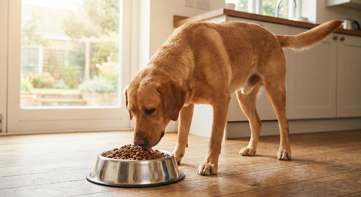 Dein Bestes dm Hundefutter: Unabhängiger Test & Empfehlungen | Pfotenmahl Ein glücklicher Labrador Retriever frisst aus einem Edelstahlnapf, gefüllt mit Trockenfutter, in einer sonnendurchfluteten Küche.