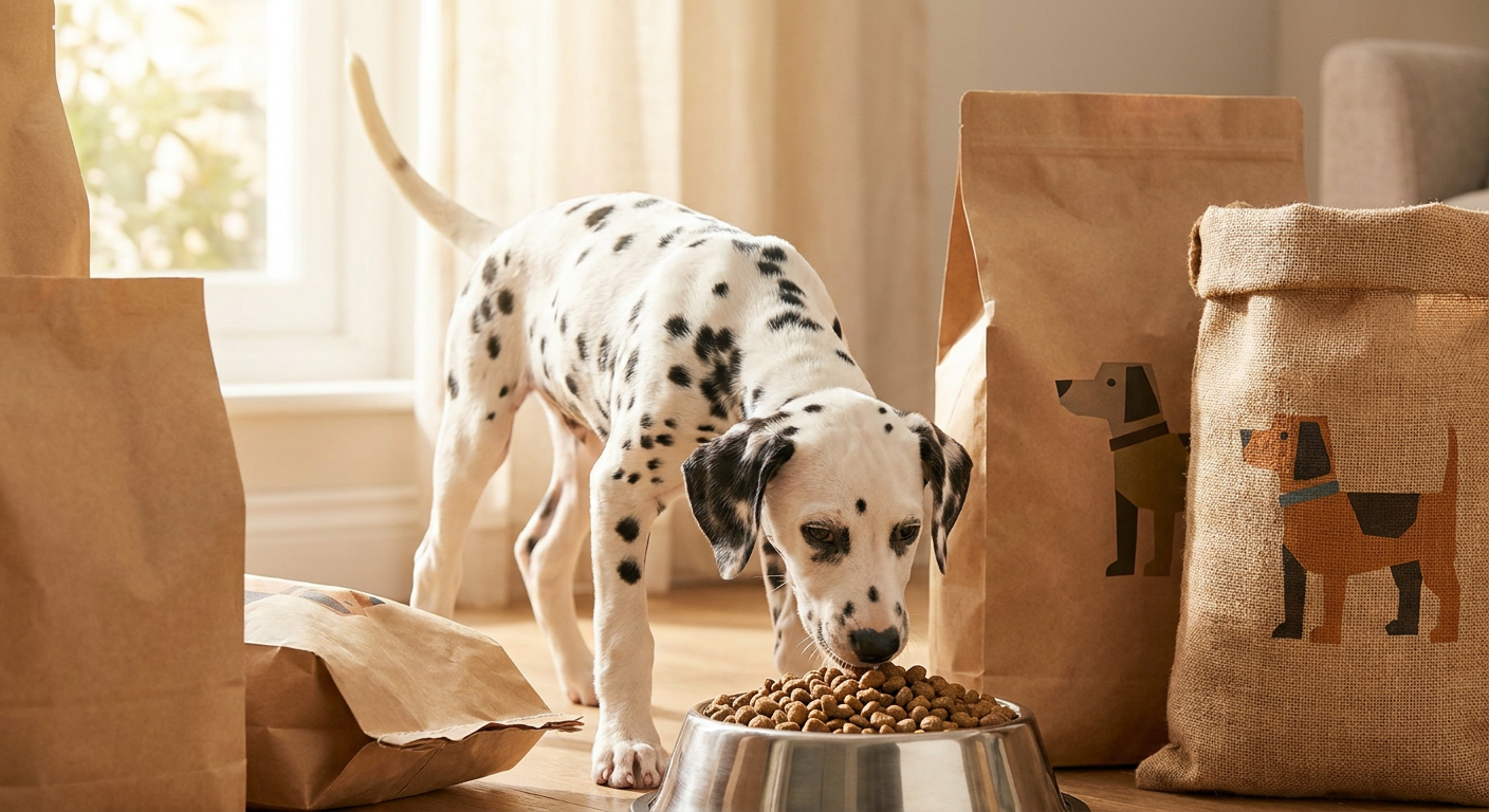Dein Bestes dm Hundefutter: 2.008 Tests analysiert | Pfotenmahl Glücklicher Dalmatiner Welpe frisst Trockenfutter aus einer silbernen Schüssel, umgeben von verschiedenen Hundefutterpackungen.