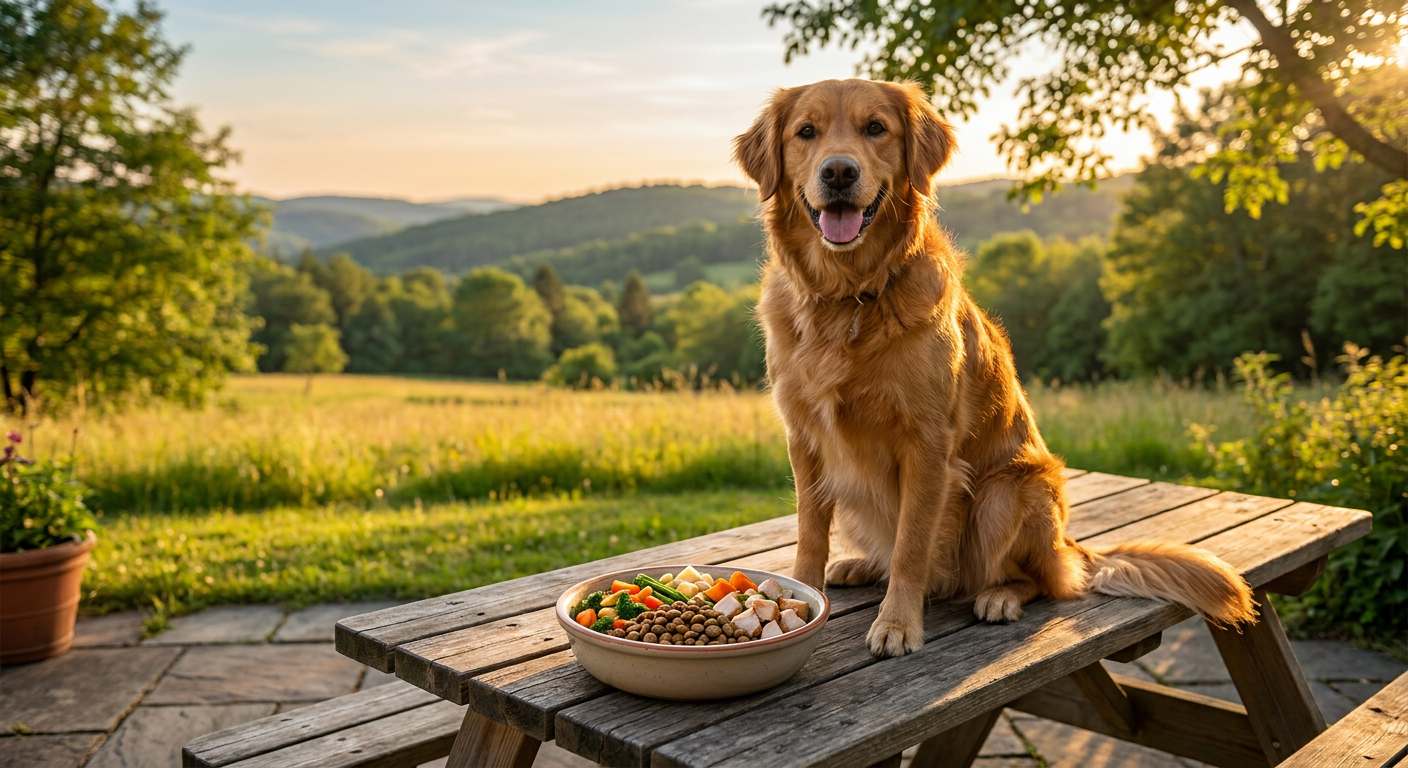 Edeka Hundefutter Test: Qualität zum kleinen Preis? | Pfotenmahl Ein glücklicher und gesunder Hund sitzt vor einer Schüssel mit frischem Hundefutter auf einem rustikalen Holztisch, im Hintergrund spielt sich eine idyllische Naturkulisse ab. Ein sanftes, warmes Licht fällt auf die Szene. Das Futter ist appetitlich angerichtet.