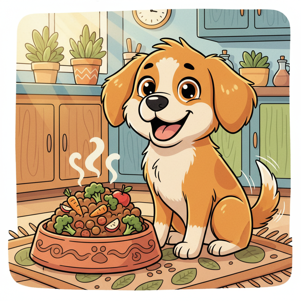 Empfindlicher Hund? So findest du das richtige Futter! | Pfotenmahl Fröhlicher Cartoon-Hund mit glänzendem Fell und wacher Miene sitzt vor einer Schüssel mit frischem, gesundem Hundefutter.