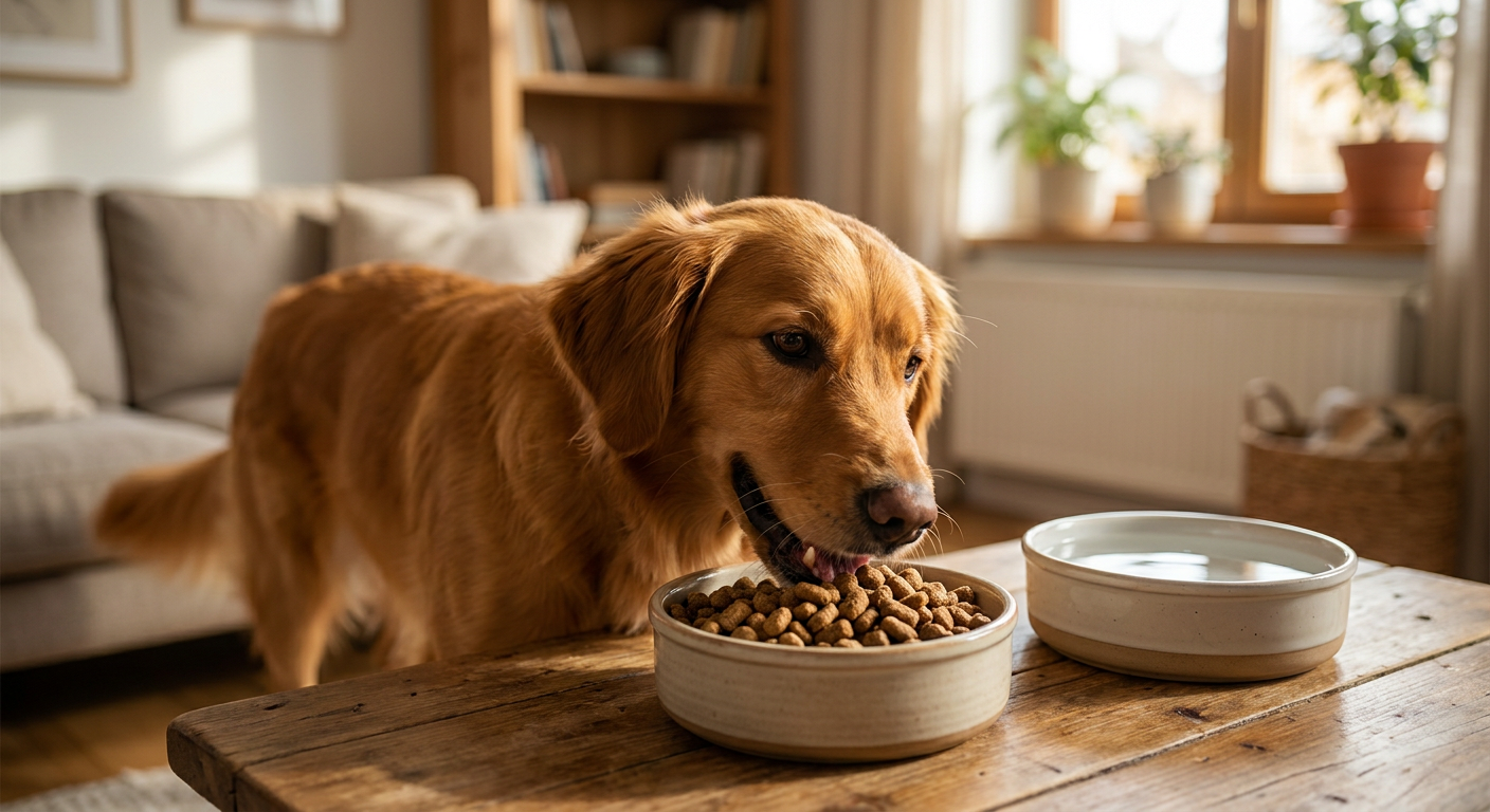 Extrudiertes Trockenfutter: Vor- & Nachteile fürs Hundeleben | Pfotenmahl Ein glücklicher, gesunder Hund mittlerer Größe frisst extrudiertes Trockenfutter aus einem Napf, daneben eine Schale mit frischem Wasser, auf einer hellen Holztischplatte. Im Hintergrund sanft verschwommen ein gemütliches Zuhause.