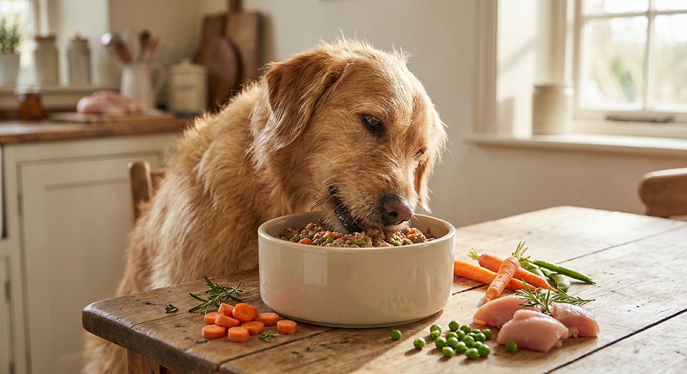 FAVLY Petfood: Das steckt wirklich im Napf deines Hundes! | Pfotenmahl Ein glücklicher und gesunder Hund mittlerer Größe frisst begeistert aus seinem FAVLY Petfood Napf, umringt von frischen Zutaten.
