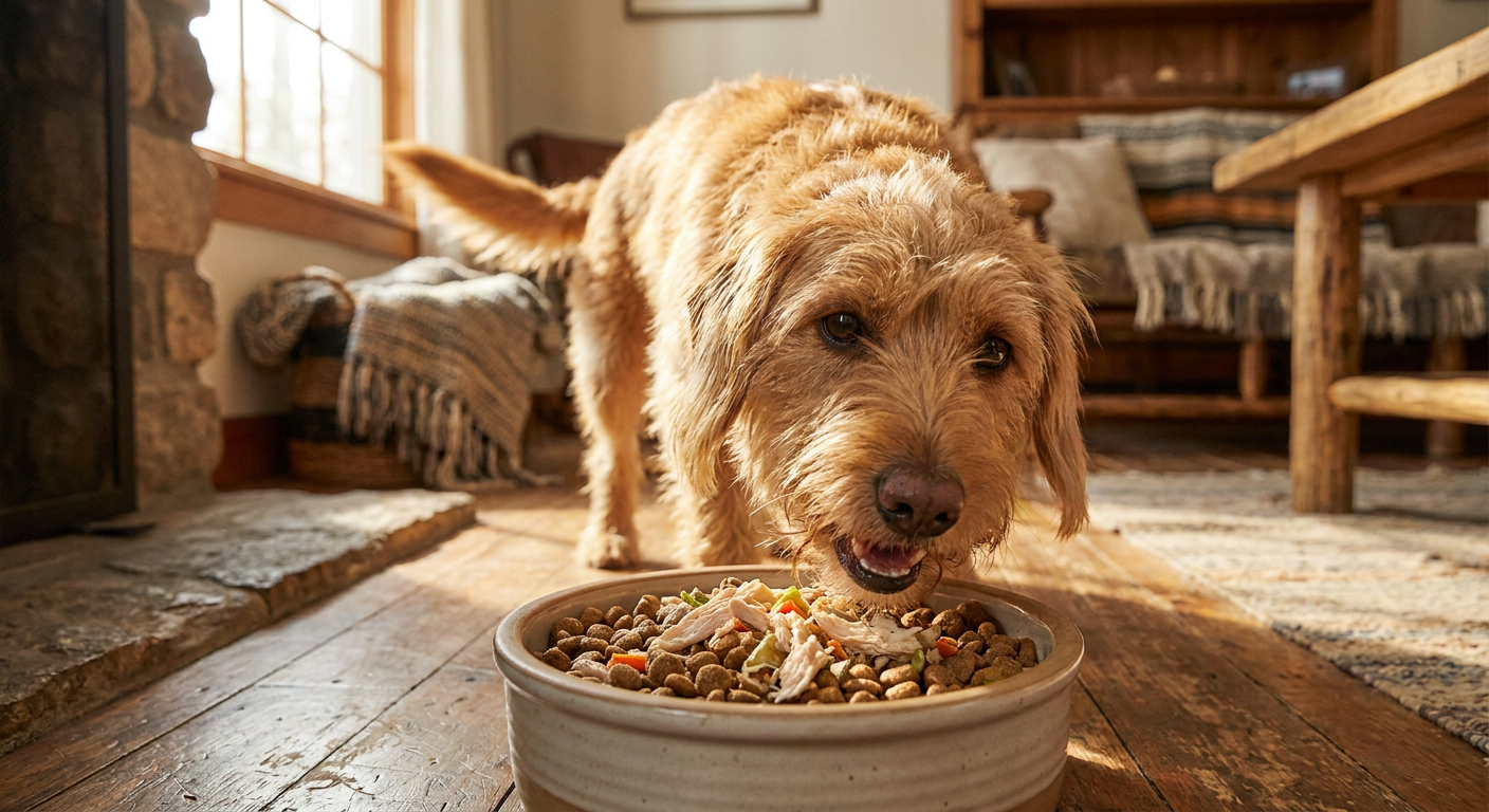 Fleisch oder Karotte? Artgerechte Fütterung für Hunde | Pfotenmahl Glücklicher, gesunder Hund frisst artgerechtes Futter aus einem Napf, Nahaufnahme, natürliche Farben, Holzuntergrund