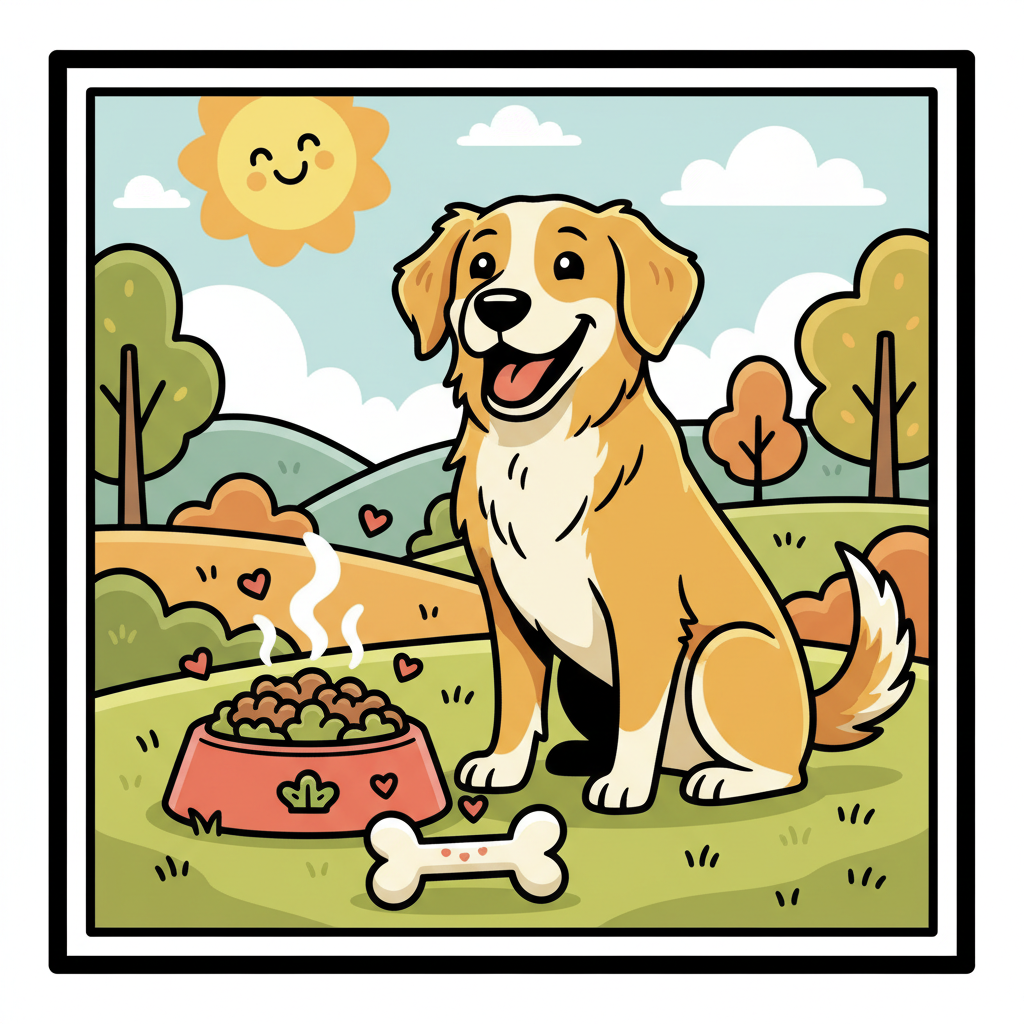 Futterallergie beim Hund: Symptome, Diagnose, Ernährung | Pfotenmahl Fröhlicher Comic-Hund sitzt neben einem Napf mit frischem Futter und einem Knochen, flacher Cartoon-Stil