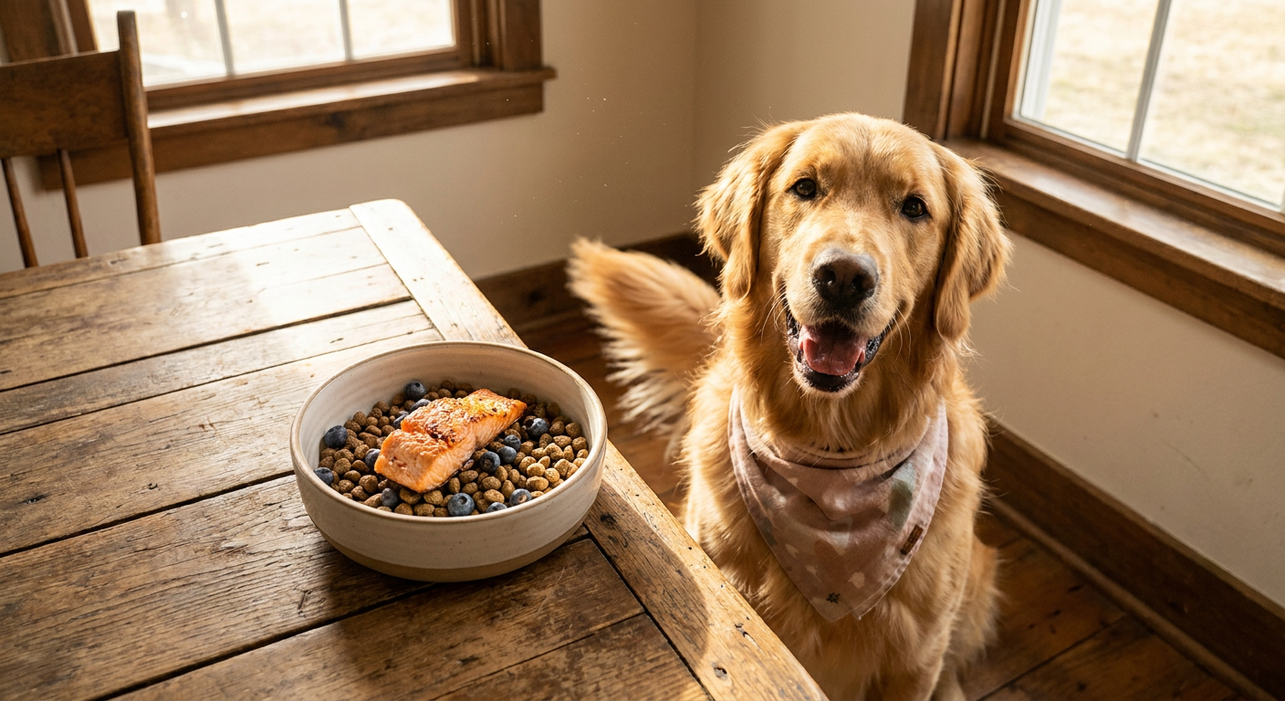 Ein glücklicher und gesunder Hund frisst aus einem Napf mit frischem, hypoallergenem Futter auf einem rustikalen Holztisch, im Hintergrund weiches, natürliches Licht