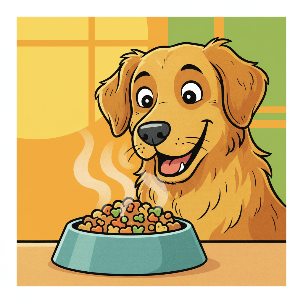 Futtermittelallergie beim Hund: Symptome & Ausschlussdiät | Pfotenmahl Comic-Illustration eines Hundes, der neugierig an einer frischen Schale hypoallergenem Futter schnuppert