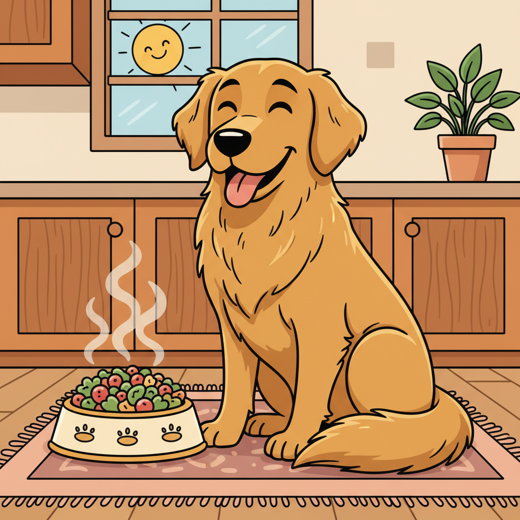 Futtermittelallergie vs. Unverträglichkeit beim Hund: Der feine Unterschied | Pfotenmahl Fröhlicher Cartoon-Hund mit glänzendem Fell sitzt entspannt neben einem gefüllten Futternapf. Er schaut zufrieden und gesund aus.