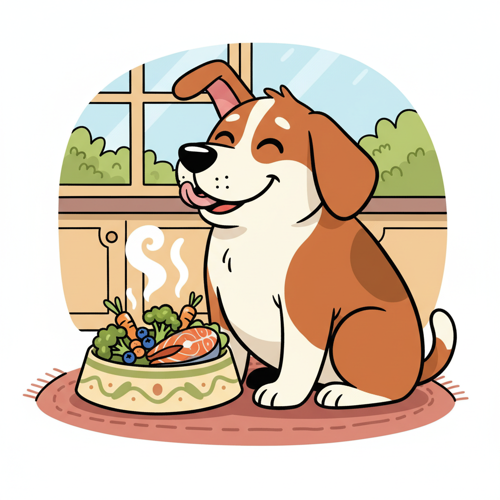 Futtermittelunverträglichkeit beim Hund erkennen & lindern | Pfotenmahl Fröhlicher Comic-Hund sitzt vor einem Napf mit frischem, gesundem Futter, leckt sich das Maul und schaut zufrieden.