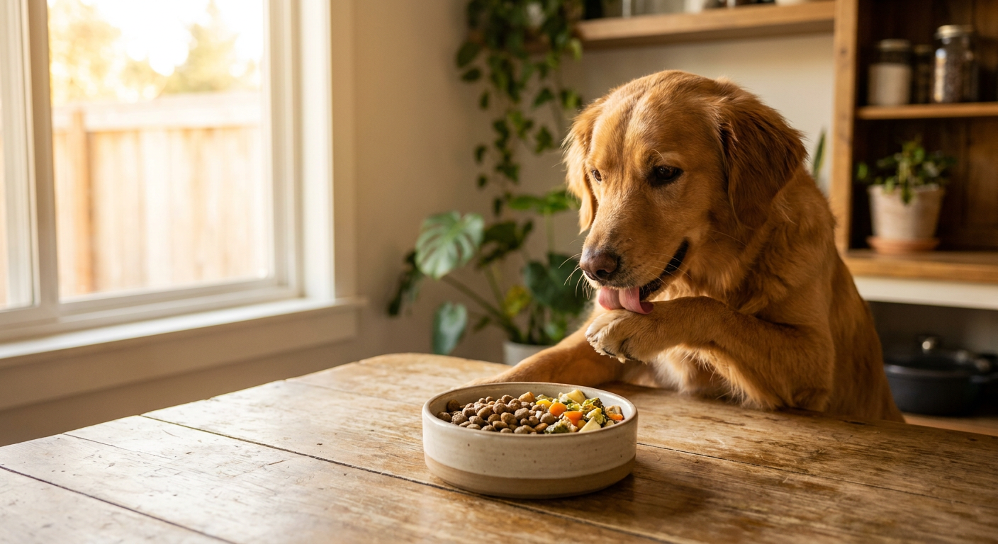 Futterunverträglichkeit Hund: Allergie oder Sensibilität? | Pfotenmahl Ein glücklicher und gesunder Hund leckt genüsslich seine Pfote, sitzt vor einem Napf mit frischem, gesundem Futter, auf einem rustikalen Holztisch, im weichen Licht eines Fensters.