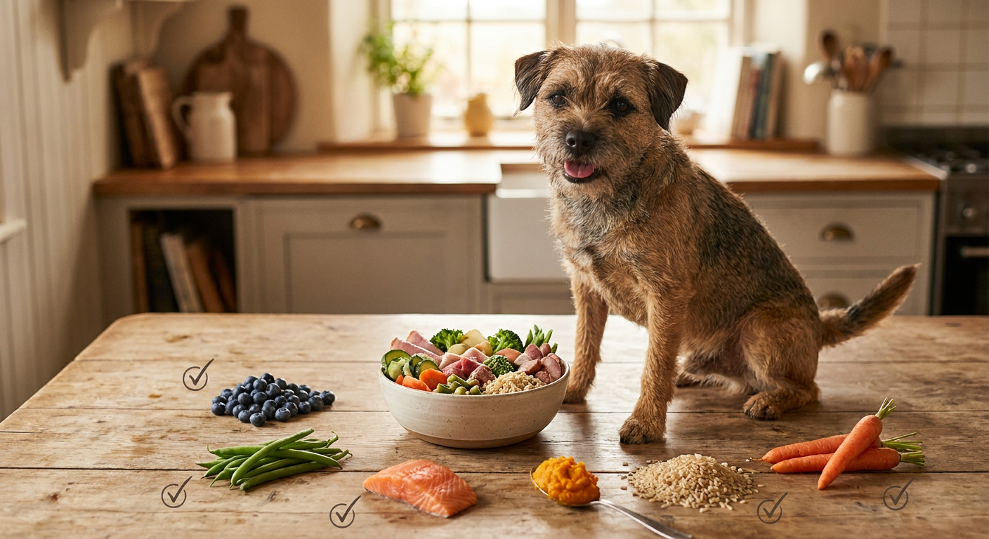 6 Lebensmittel, die jeder Hundehalter kennen sollte! | Pfotenmahl Infografik: Sechs gesunde Lebensmittel für Hunde wie Kürbis, Joghurt, Karotten, Süßkartoffeln, Äpfel und Fisch, liebevoll arrangiert