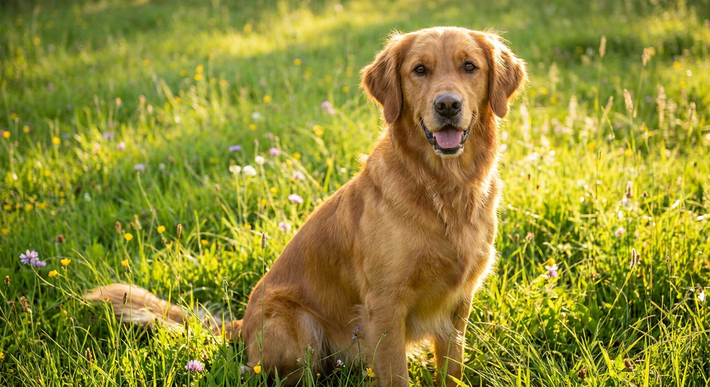 Woran erkennt man ein gesundes & glückliches Hundeleben? | Pfotenmahl Ein glücklicher und gesunder Hund mit glänzendem Fell, der aufmerksam in die Kamera blickt, im Hintergrund eine grüne Wiese.