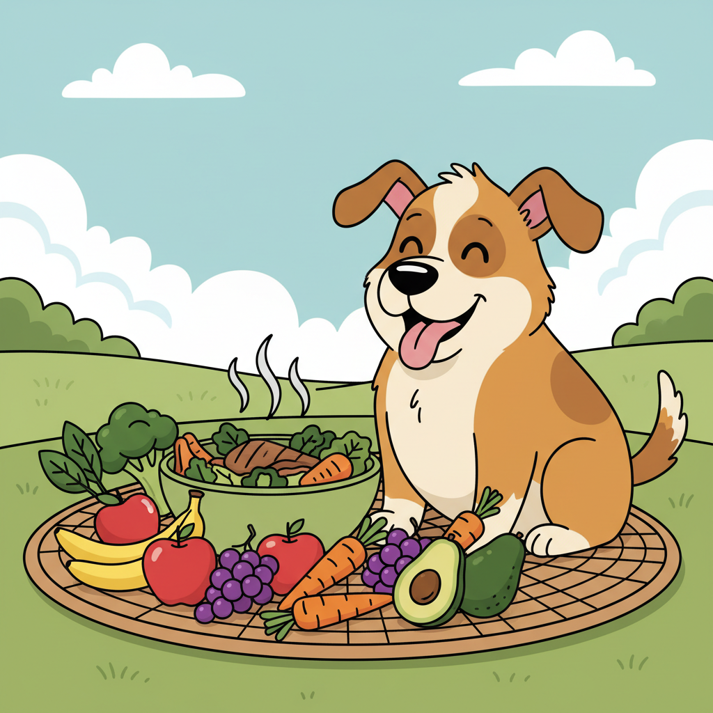 Gesundes Hundefutter: Die besten Tipps für deinen Liebling | Pfotenmahl Ein fröhlicher Cartoon-Hund sitzt erwartungsvoll vor einem Napf mit gesundem Futter, umgeben von Obst und Gemüse.