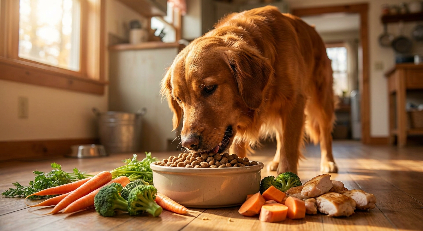 Getreidefrei oder hypoallergenes Hundefutter? Nicht jede Allergie braucht Spezialfutter | Pfotenmahl Ein glücklicher Hund mit glänzendem Fell frisst aus einem Napf mit Trockenfutter, umgeben von verschiedenen Gemüsesorten und Fleischstücken, die eine gesunde Ernährung symbolisieren.