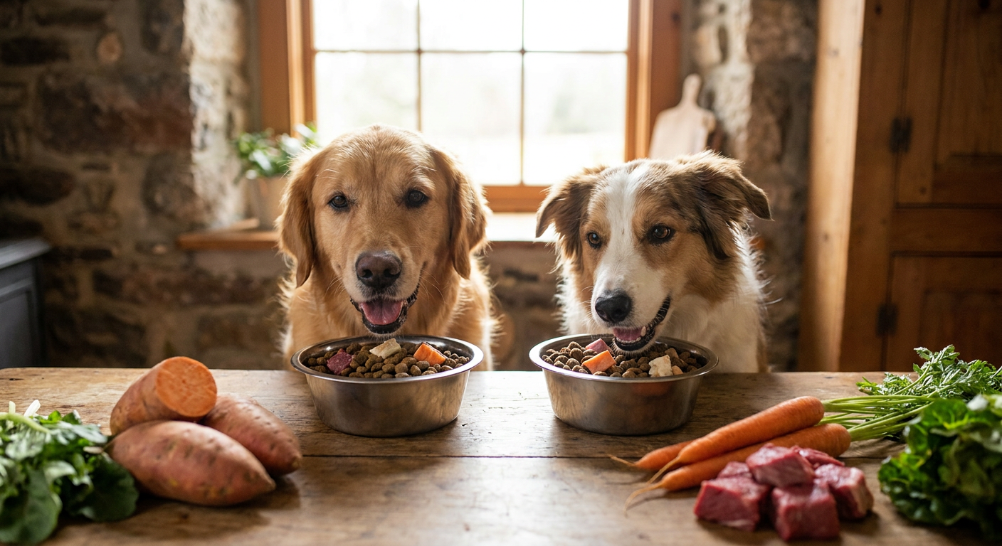 Zwei fröhliche Hunde fressen glücklich und gesund getreidefreies Hundefutter aus ihren Näpfen, umgeben von naturbelassenen Zutaten wie Süßkartoffeln, Karotten und Fleisch auf einem Holztisch, im Hintergrund sanftes, warmes Licht. Natürliche Fotografie.