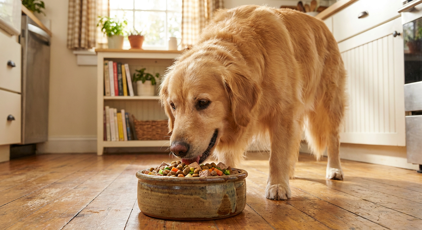Gluten Hund – Wann Weizen & Gerste im Futter zum Problem werden | Pfotenmahl Glücklicher, gesunder Hund frisst aus Hundenapf. Im Hintergrund unscharfe Küche oder Garten. Symbol für artgerechte Ernährung bei Glutenunverträglichkeit.