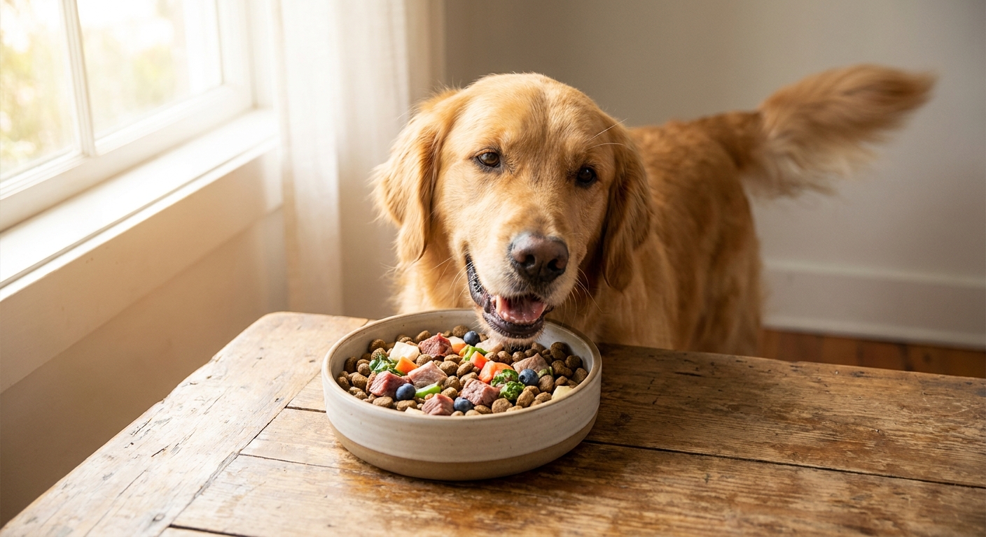 Gutes Hundefutter: Entscheidung für ein langes Hundeleben | Pfotenmahl Ein glücklicher und gesunder Hund frisst genüsslich aus einem Fressnapf, der mit frischem, hochwertigem Hundefutter gefüllt ist.