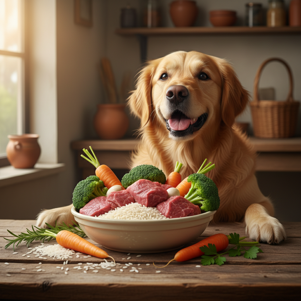 Gutes Hundefutter erkennen: Dein Leitfaden für den Futternapf | Pfotenmahl Glücklicher, gesunder Hund vor gefülltem Napf mit hochwertigem Futter, umgeben von frischen Zutaten wie Gemüse und Fleisch.