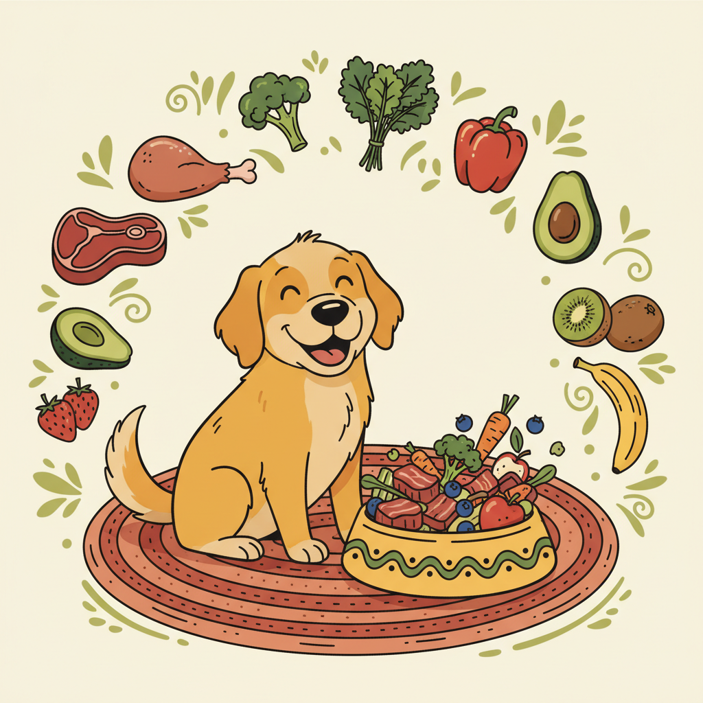 Gutes Hundefutter: Fleisch ja, aber nicht nur das ist wichtig | Pfotenmahl Fröhlicher Comic-Hund sitzt erwartungsvoll vor einer Schüssel mit frischem und ausgewogenem Futter, umgeben von gesunden Zutaten wie Fleisch, Gemüse und Obst.