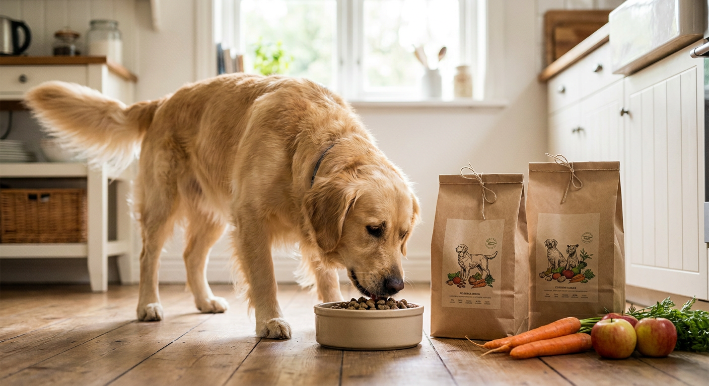 Happy Dog: Spezialfutter für besondere Bedürfnisse | Pfotenmahl Gesunder Hund frisst glücklich aus seinem Futternapf, daneben stehen Happy Dog Spezialfutter-Verpackungen.