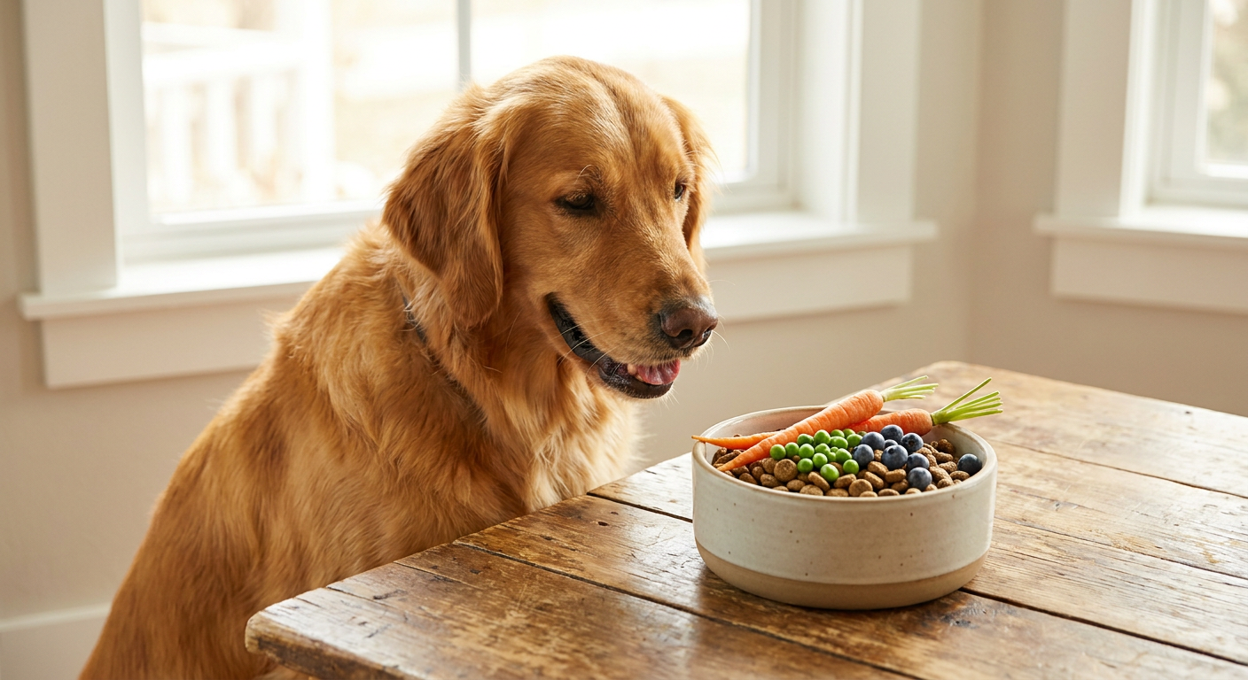 HappyFeedbag: Wenn Hundefutter plötzlich Sinn macht | Pfotenmahl Glücklicher und gesunder Hund frisst aus einem Napf HappyFeedbag Futter auf einem rustikalen Holztisch, im Hintergrund eine verschwommene, gemütliche Wohnzimmerumgebung.