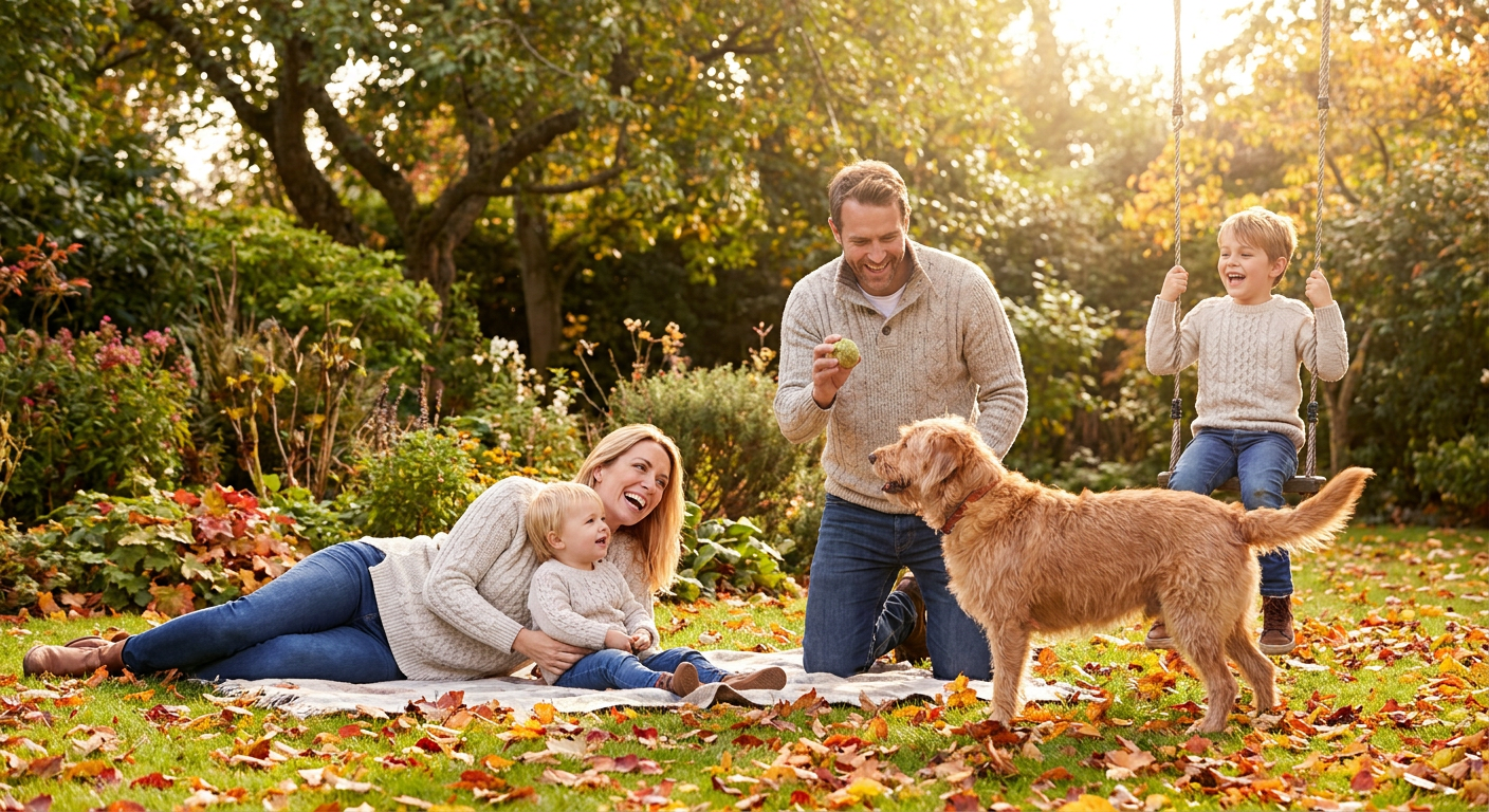 Glückliche Familie mit einem liebevoll adoptierten Retriever-Mischling im Garten, spielerisch und entspannt. Sonnige Herbststimmung.