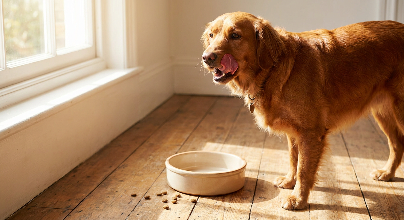 Hund hat Allergie? Ursachen, Symptome & Hilfe bei Futtermittelallergien | Pfotenmahl Hund mit glänzendem Fell leckt sich nach dem Fressen die Lippen vor einer Schüssel mit hypoallergenem Futter auf einem Holzboden