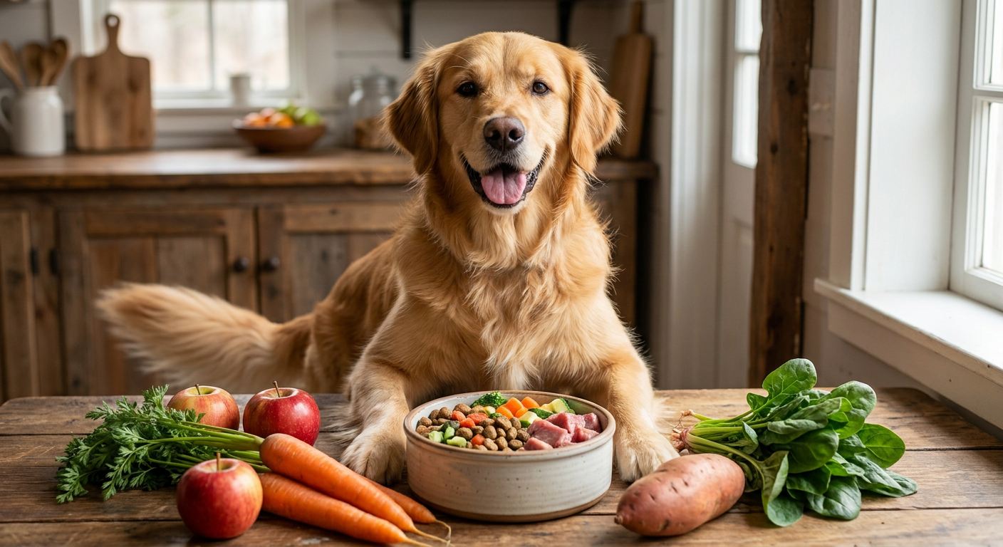Ein glücklicher Golden Retriever sitzt vor einem Napf mit gesundem Hundefutter, umgeben von frischen Zutaten wie Karotten und Äpfeln. Der Hund schaut zufrieden in die Kamera.