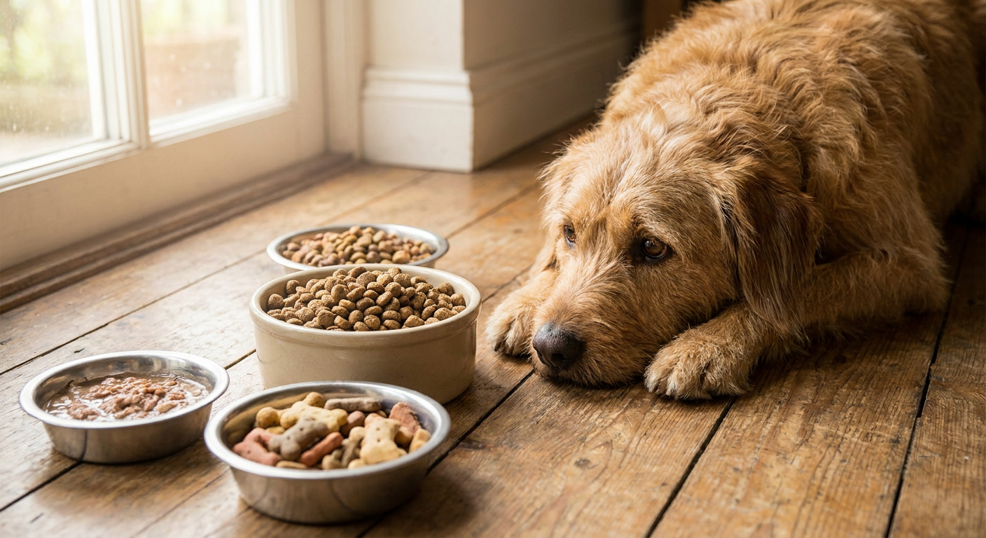 Hund frisst nicht: Ursachen & was du tun kannst | Pfotenmahl Appetitloser Hund sitzt vor vollem Futternapf und schaut traurig, davor liegen unterschiedliche Futtermittel als Beispiel