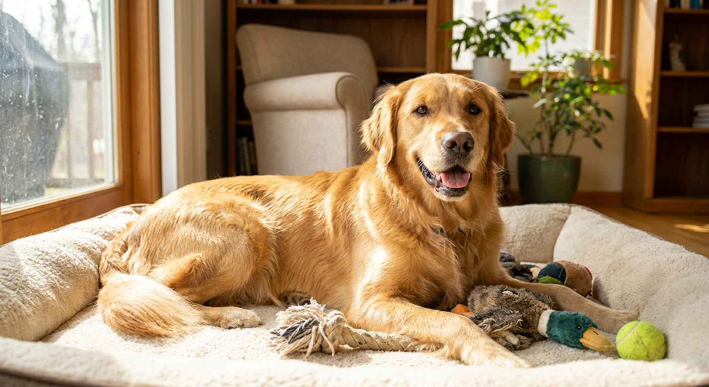 Hund: Pflege & Wissen für ein glückliches Hundeleben | Pfotenmahl Ein glücklicher Golden Retriever liegt entspannt in einem weichen Hundebett, umgeben von seinen Lieblingsspielzeugen, in einem sonnigen Raum. Das Fell des Hundes glänzt, seine Augen sind freundlich und wach. Im Hintergrund sind angedeutete häusliche Möbel zu sehen, die eine warme und einladende Atmosphäre schaffen.