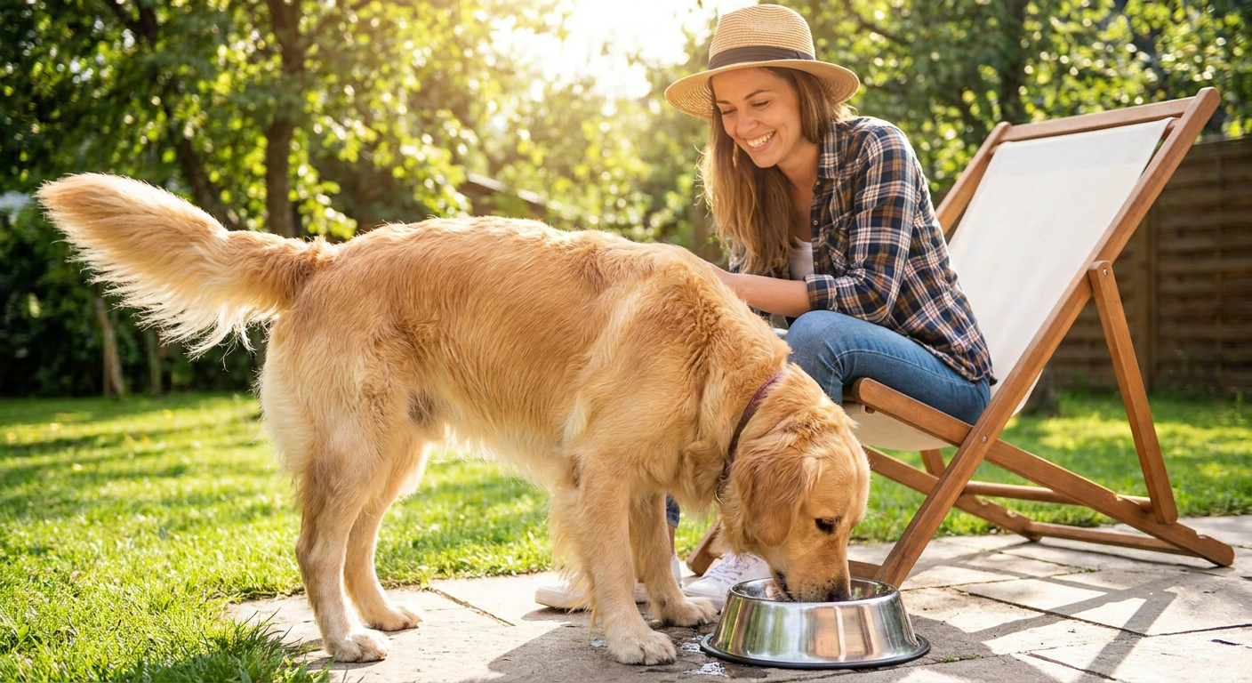 Endlich trinkt mein Hund ausreichend? Das steckt dahinter! | Pfotenmahl Ein glücklicher Golden Retriever trinkt genüsslich aus einem Wassernapf, begleitet von seiner aufmerksamen Besitzerin in einem sonnigen Garten.