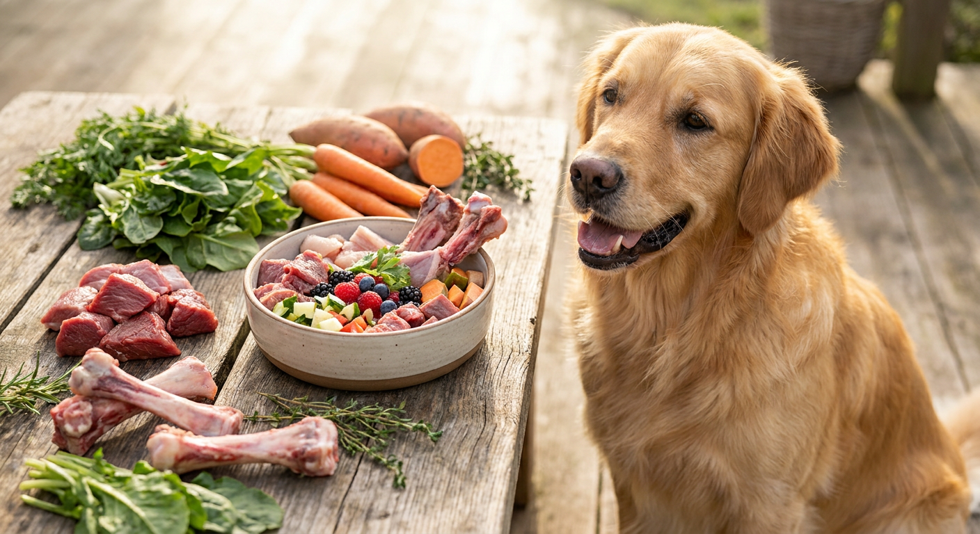 Hunde richtig ernähren: Darauf kommt es an! | Pfotenmahl Ein glücklicher und gesunder Hund sitzt vor einem Napf mit frischem, ausgewogenem Hundefutter, umgeben von Naturzutaten