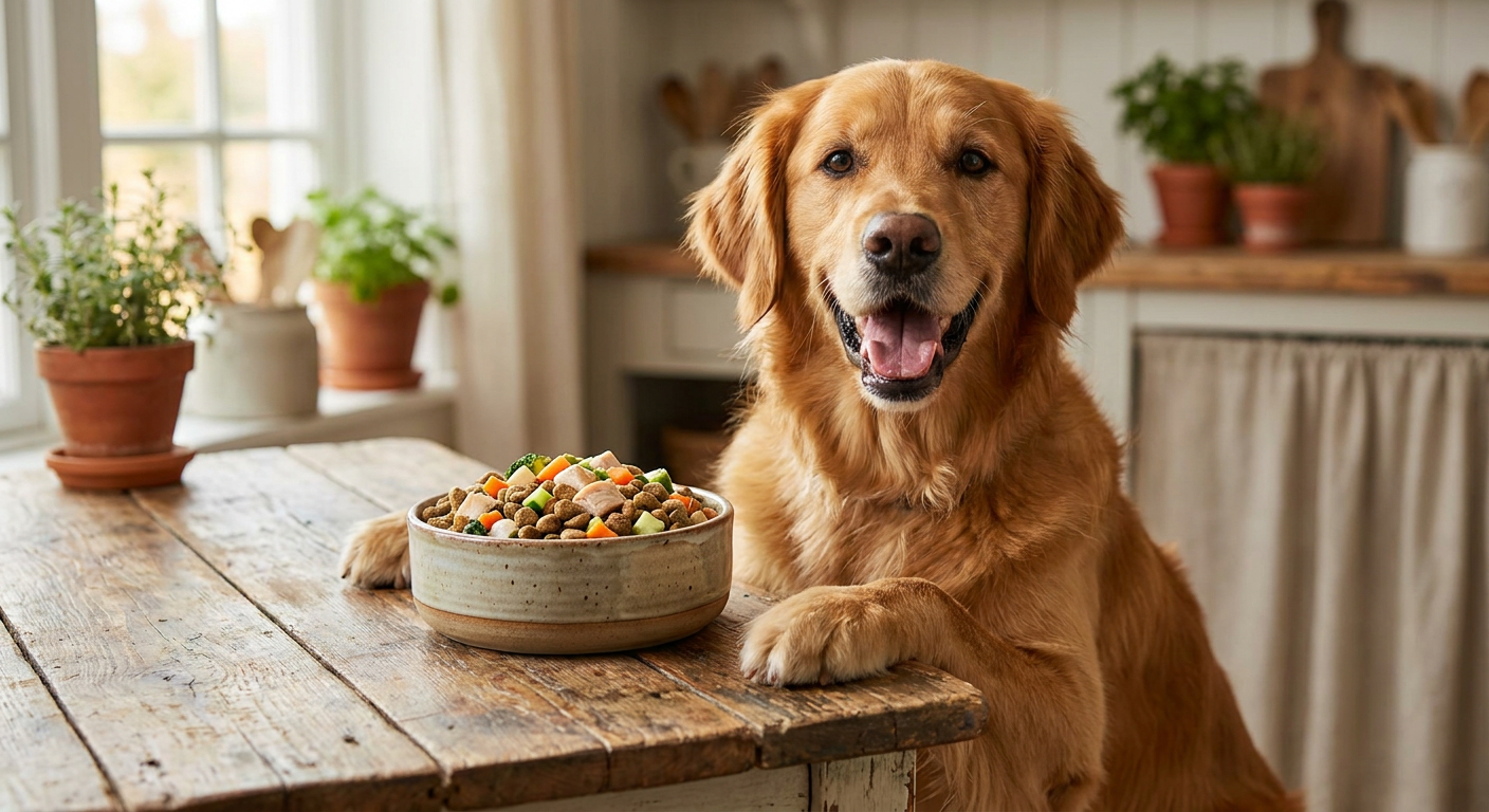 Hunde richtig ernähren: Dein Weg zum vitalen Vierbeiner | Pfotenmahl Glücklicher, gesunder Hund frisst aus einem Napf mit frischem Futter. Ideal für eine optimale Hundeernährung.