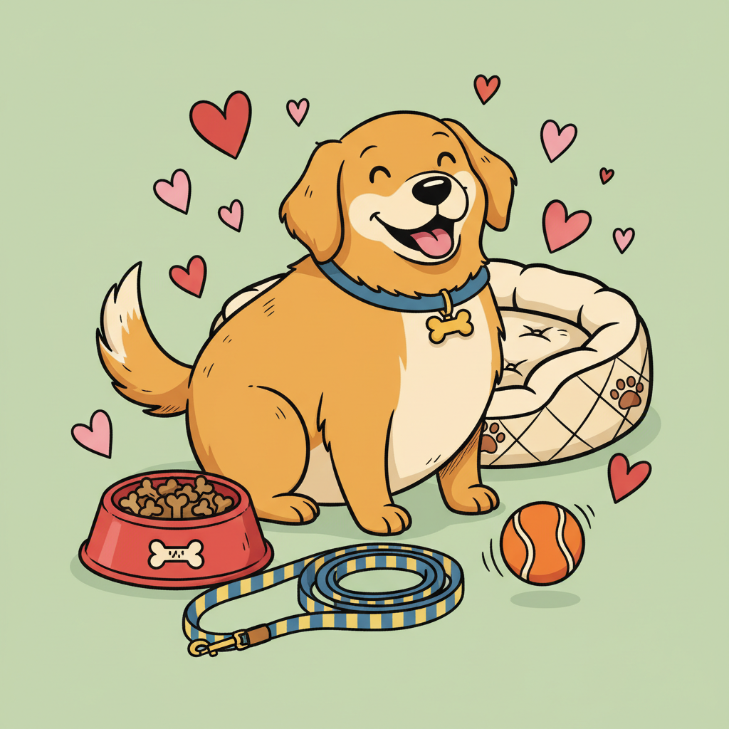 Optimales Zubehör für ein glückliches Hundeleben | Pfotenmahl Fröhlicher Cartoon-Hund mit verschiedenen Zubehörartikeln wie Napf, Leine, Ball und Bett, umgeben von Herzen
