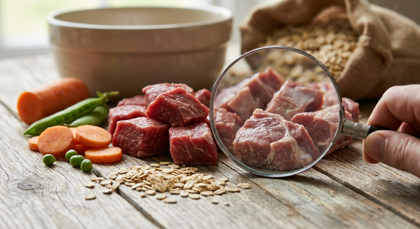 Nahaufnahme von verschiedenen Hundefutter-Zutaten wie Fleisch, Gemüse und Getreide, die auf einem Holztisch liegen, symbolisch für die Analyse der Inhaltsstoffe von Hundefutter.