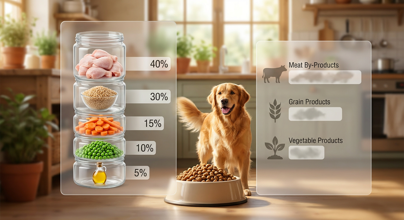 Hundefutter Deklaration: Offen oder Geschlossen – Was ist besser? | Pfotenmahl Infografik: Vergleich offene und geschlossene Deklaration von Hundefutter auf einem Tisch mit Hundenapf