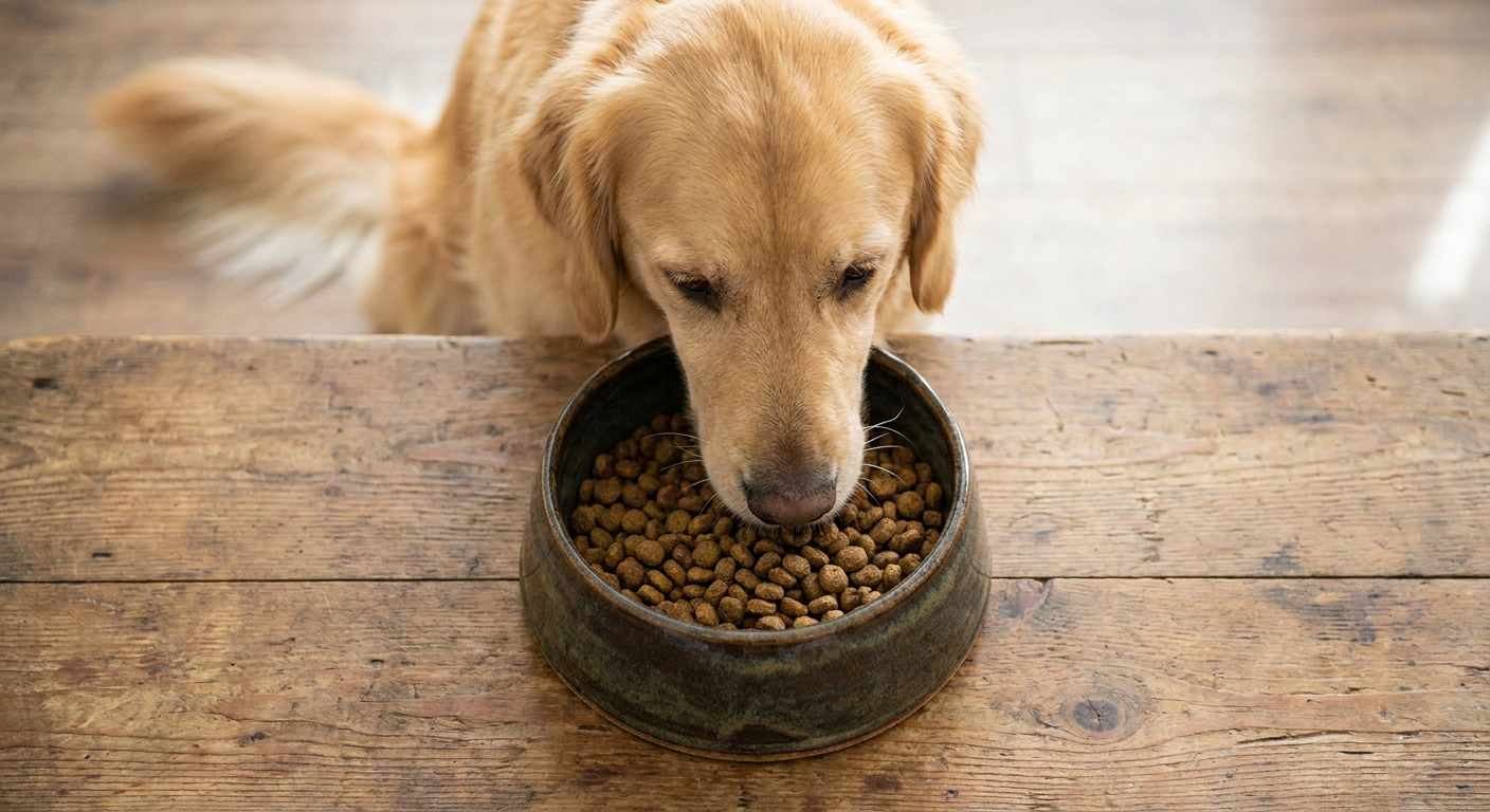 Hundefutter Deklaration verstehen: Was steckt wirklich drin? | Pfotenmahl Glücklicher, gesunder Hund frisst aus edlem Napf, golden Retriever Rassehund in nahaufnahme von oben mit Futter im Vordergrund