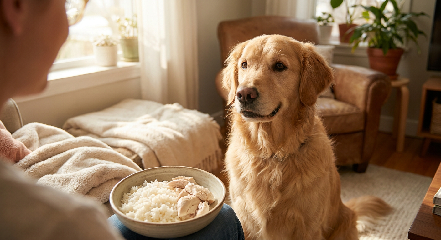 Hundefutter bei Durchfall: Was wirklich hilft! | Pfotenmahl Ein glücklicher Hund mit einer Schale voller magenschonendem Futter bei Durchfall, symbolisiert schnelle Genesung und Wohlbefinden.