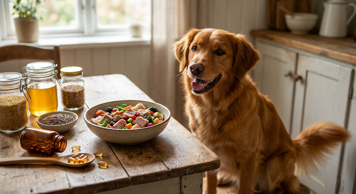 Hundefutter im Fellwechsel: So unterstützen Sie Ihren Hund optimal | Pfotenmahl Infografik: Wichtige Nährstoffe für den Fellwechsel beim Hund – hochwertige Proteine, Omega-3-Fettsäuren, Biotin, Zink und B-Vitamine.