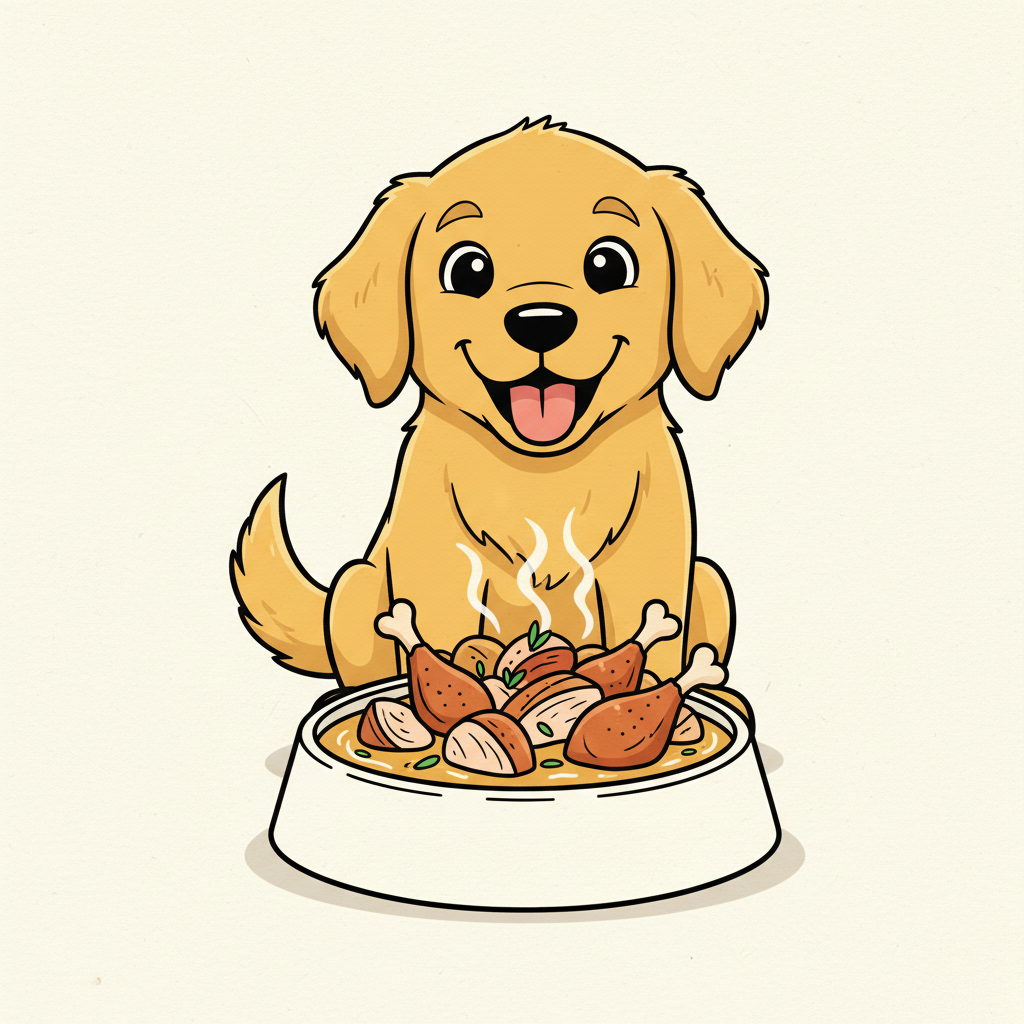 Hundefutter Geflügel: Das bedeutet es wirklich | Pfotenmahl Fröhlicher Hund blickt neugierig in einen Napf mit Geflügelfleisch, bunte Comic-Illustration
