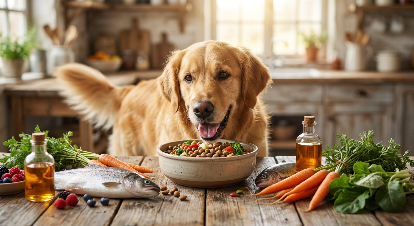 Hundefutter Gelenke: Die beste Nahrung bei Gelenkproblemen | Pfotenmahl Glücklicher, gesunder Hund der aus einem Futternapf frisst, auf einem rustikalen Holztisch, umgeben von natürlichen Zutaten wie Fisch, Gemüse und Ölen. Symbolisiert gesunde Gelenke und eine ausgewogene Ernährung.